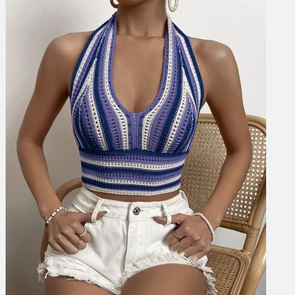 Verdusa Tops - Verdusa Striped Crochet Halter Neck Top - Blue and White Sz L